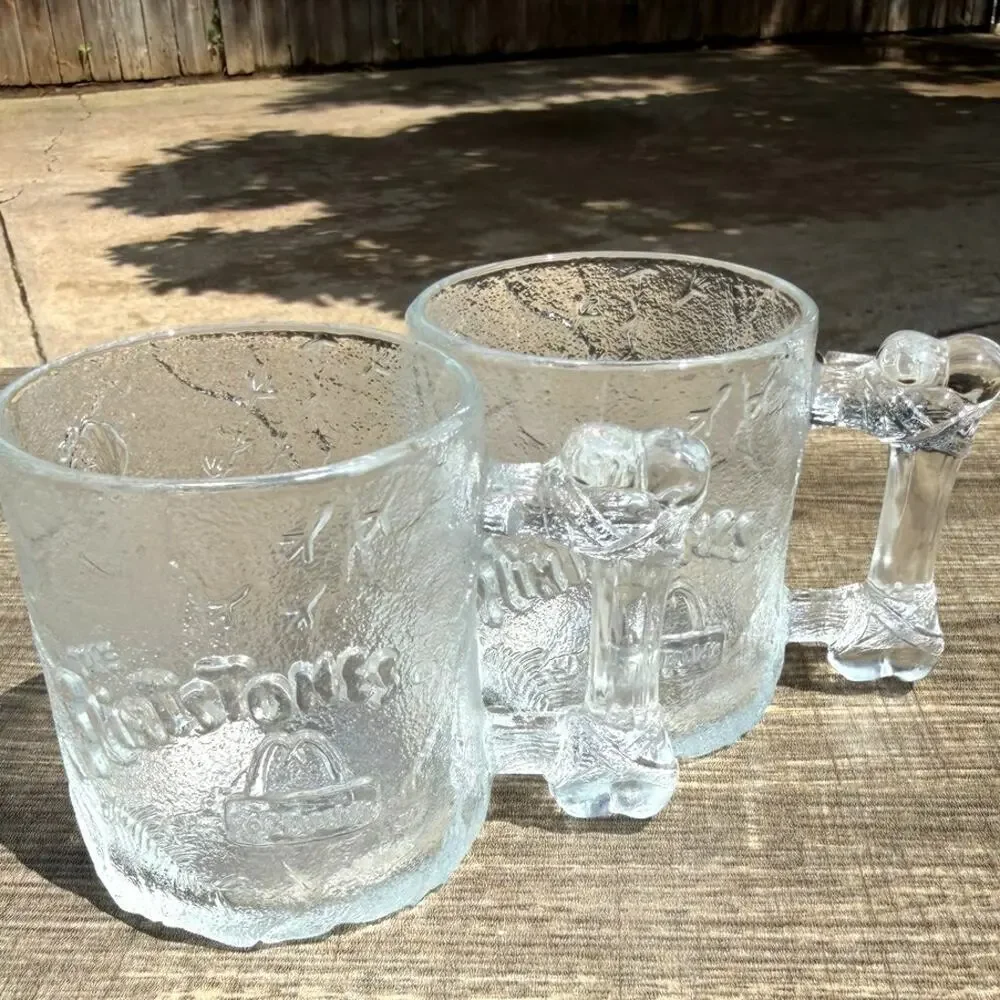 Vintage 1993 McDonalds Flintstones RocDonalds Glass Mugs Bone Handle-Set of 2